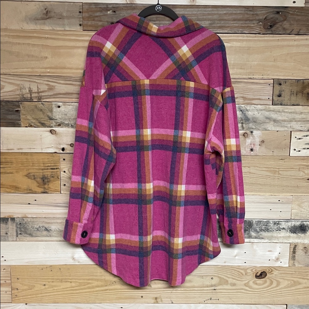 Zenana size XL Pink and Orange Plaid Fleece Button Down Shirt with Pockets - Picture 10 of 10